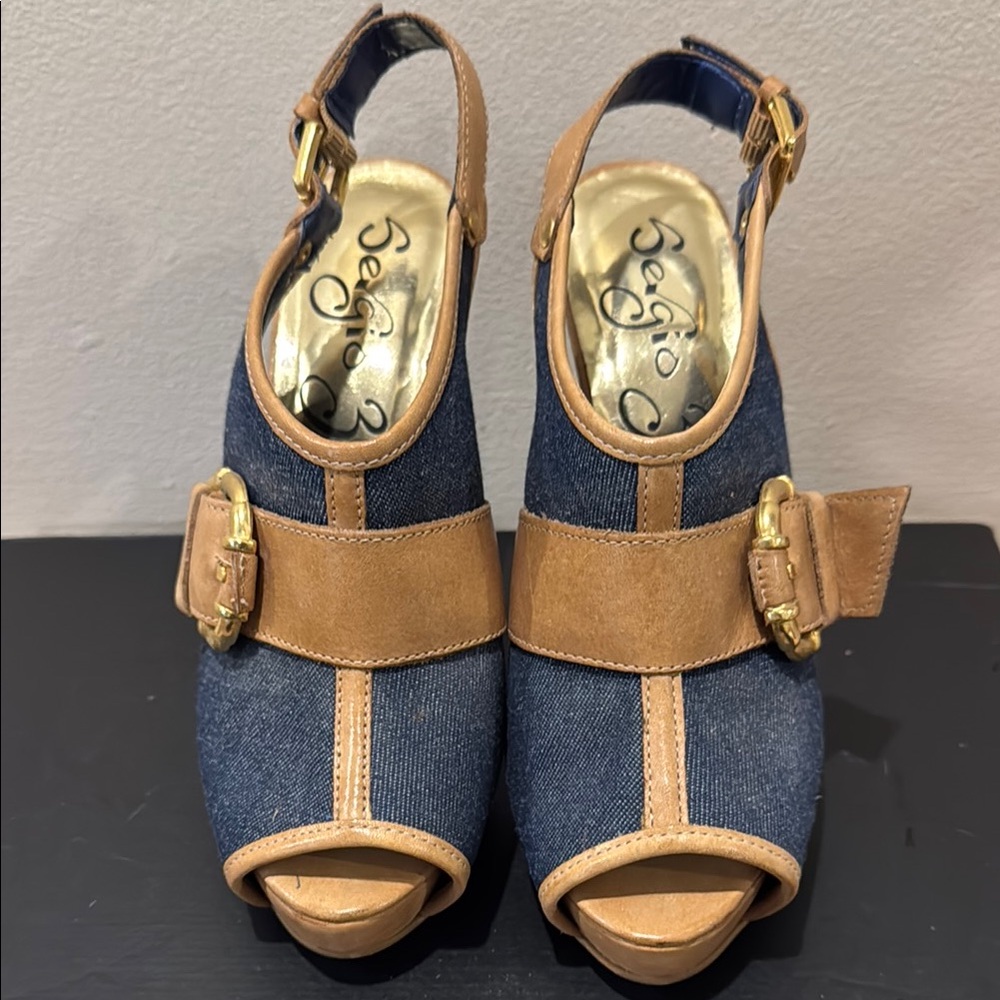 Sergio Zelcer Blue and Tan Platform Peep-Toe Heels EUC